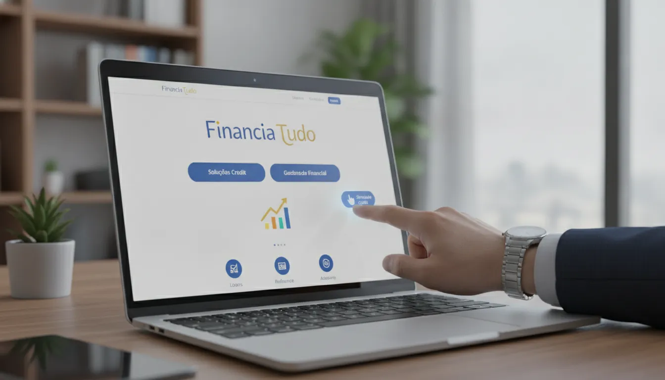 Plataforma Financia Tudo na tela, oferecendo crédito para advogados com transparência e agilidade.