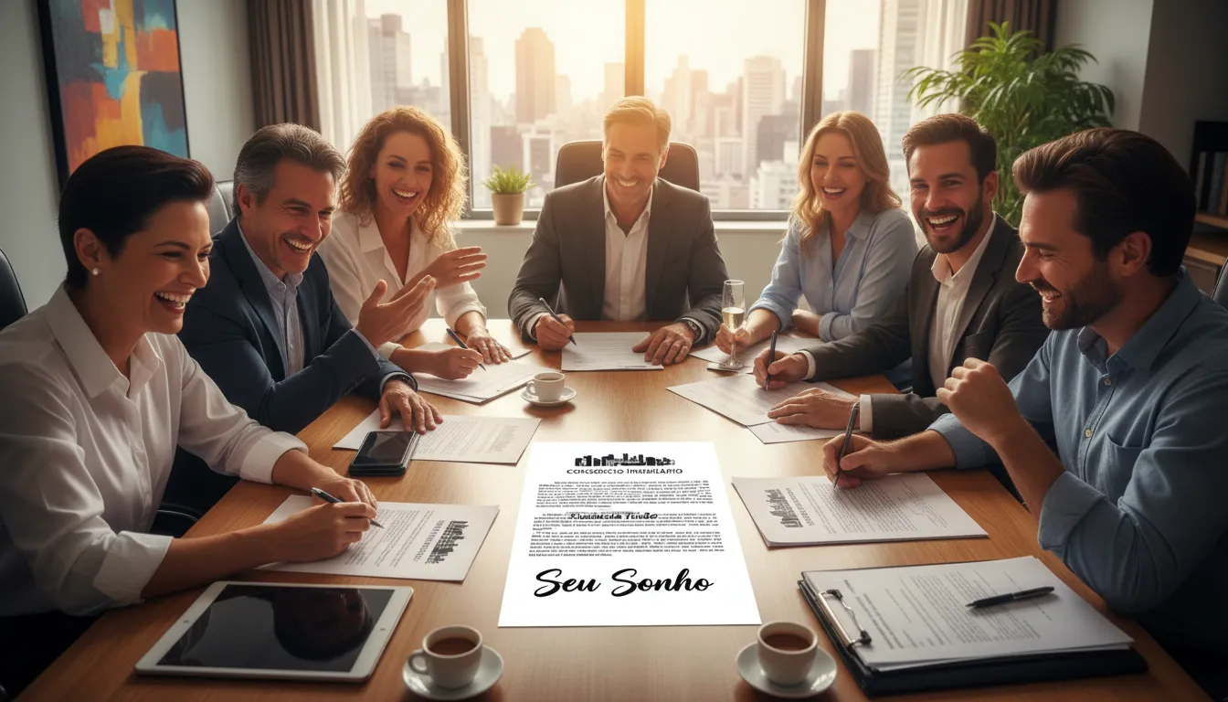 Grupo de pessoas diversas assinando documentos de consórcio imobiliário, com a Financia Tudo nos documentos. Consórcio imobiliário vale a pena para realizar seus sonhos.