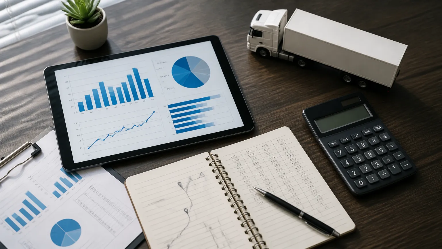 Planejamento e planilha calculando consumo de combustível de caminhão por km para gestão de frota.