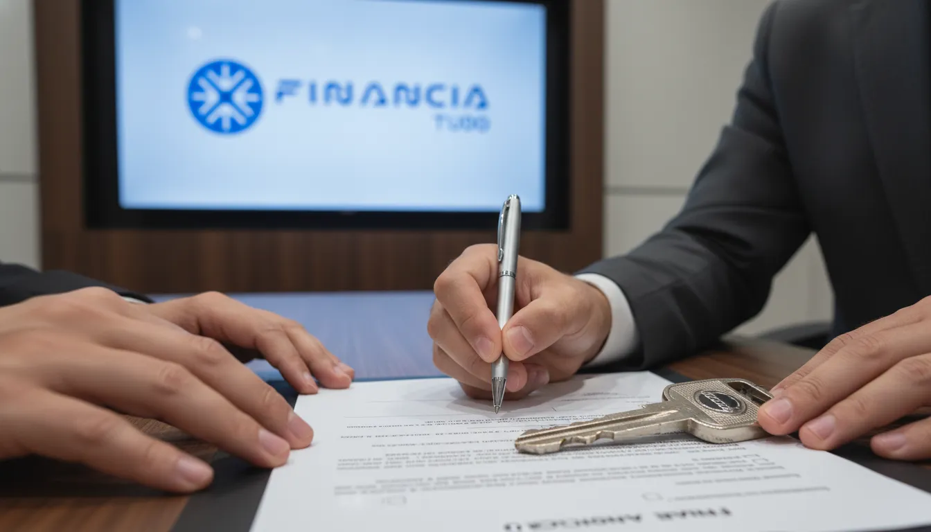 Consultor financeiro da Financia Tudo explicando as vantagens do crédito com caminhão financiado como garantia para um caminhoneiro, em um ambiente profissional e acolhedor.