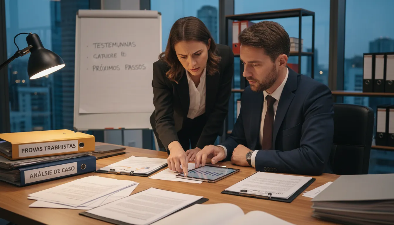 Profissional e testemunha revisando documentos como provas no ambiente de trabalho