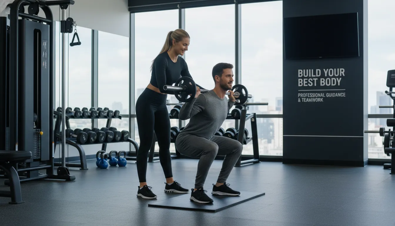 Personal trainer orientando cliente em postura correta durante exercícios na academia moderna