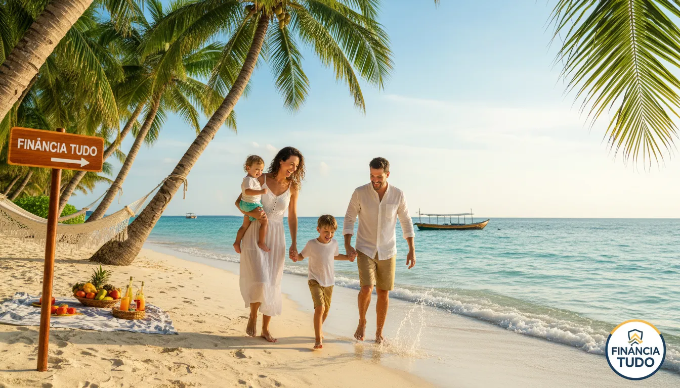 Família aproveita férias na praia, mostrando a importância da reserva de emergência planejada com a ajuda da Financia Tudo para segurança financeira.