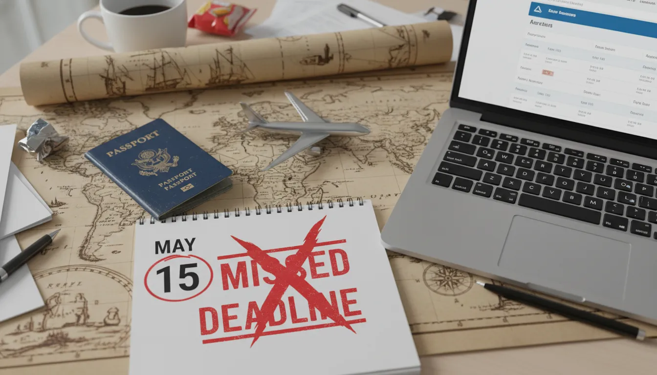 Mesa com passaporte, mapa e laptop, um calendário marca milhas expiradas. Planeje para não perder seus pontos!