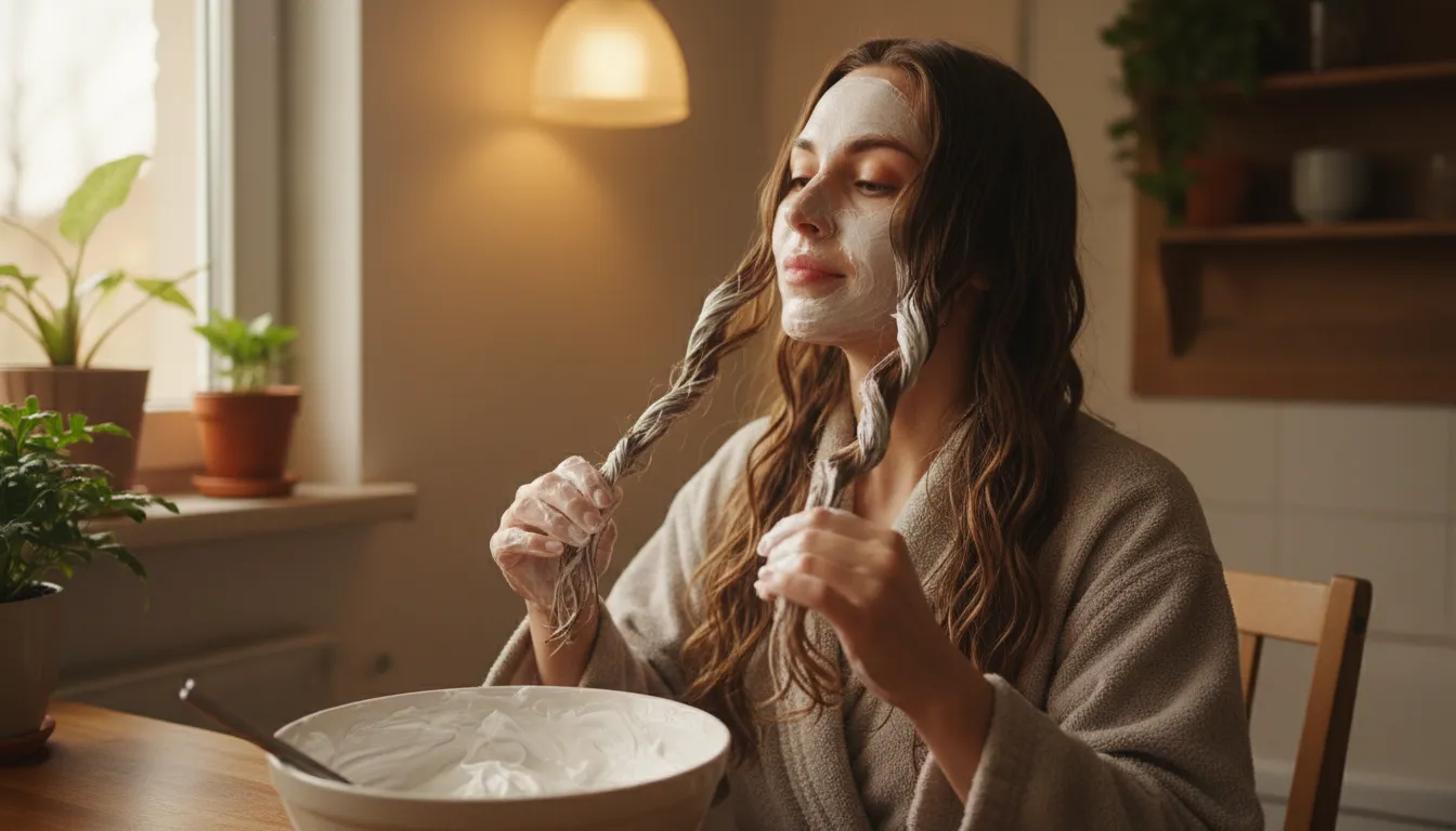 Aplicação de máscara hidratante no cabelo, reforçando cuidados caseiros e técnicas contra o frizz