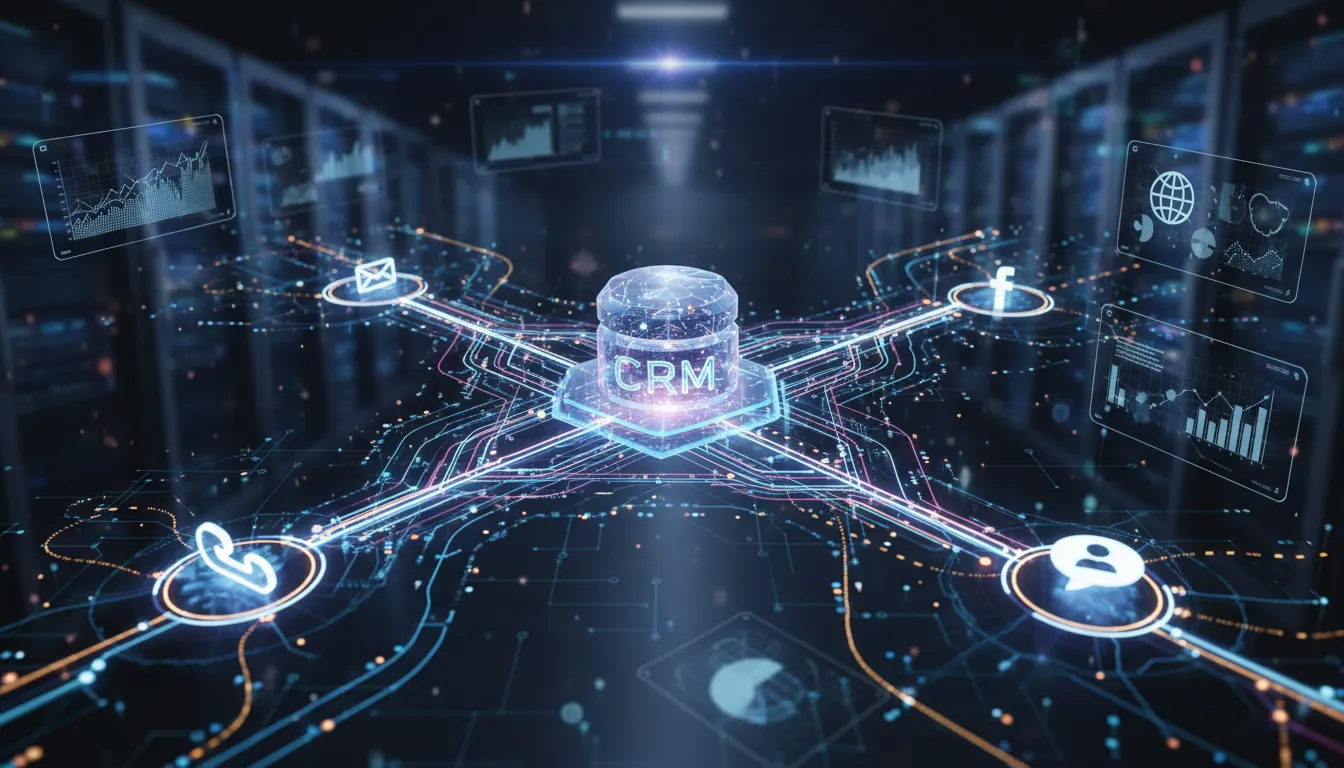 Visualização fotorrealista do fluxo de dados automatizado em um sistema de crm marketing, integrando canais digitais.
