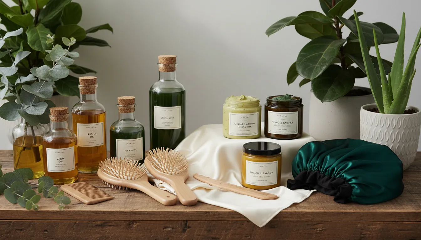 Produtos naturais para recuperação dos cabelos organizados em ambiente aconchegante.