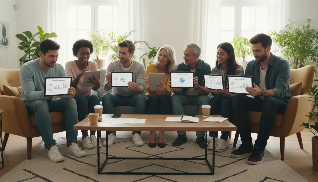Pessoas de diferentes perfis comparando opções de crédito em dispositivos digitais em um ambiente aconchegante.