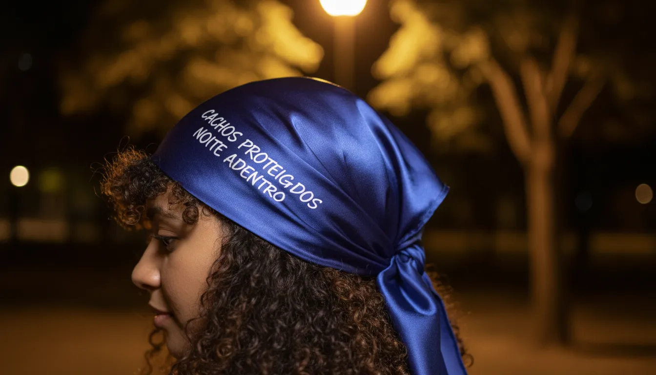 Lenço de cetim protegendo cabelos cacheados durante a noite para manter definição e volume.