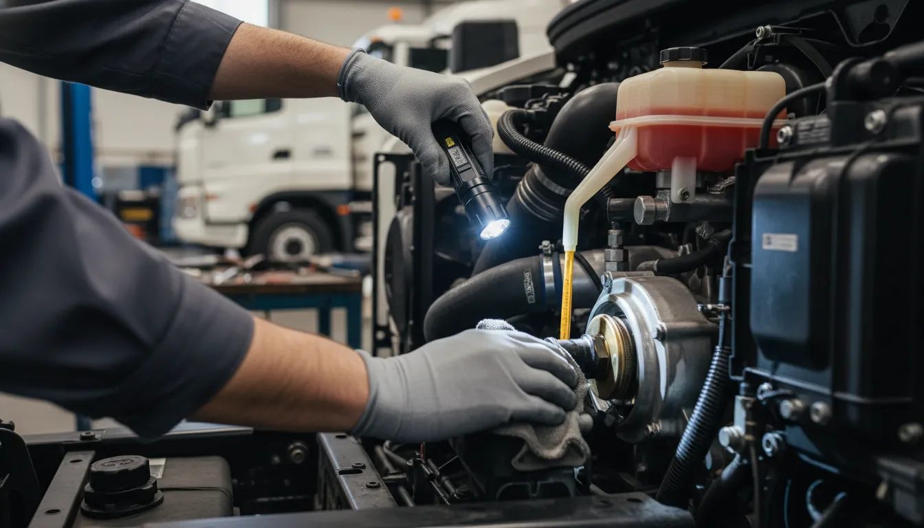 Mãos de mecânico inspecionam motor de caminhão seminovo, garantindo qualidade para financiamento caminhão seminovo.