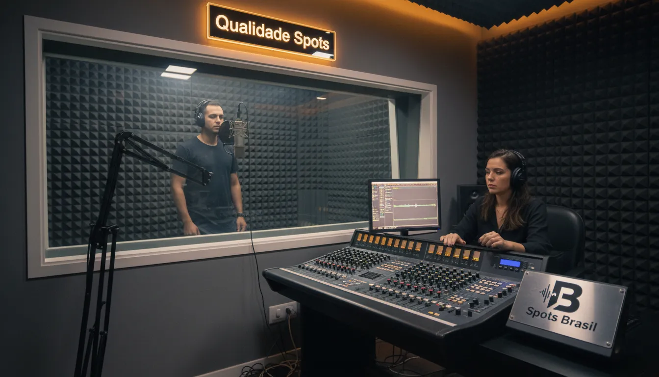 Estúdio de gravação profissional com locutor gravando propaganda para carro de som, destacando a qualidade Spots Brasil.