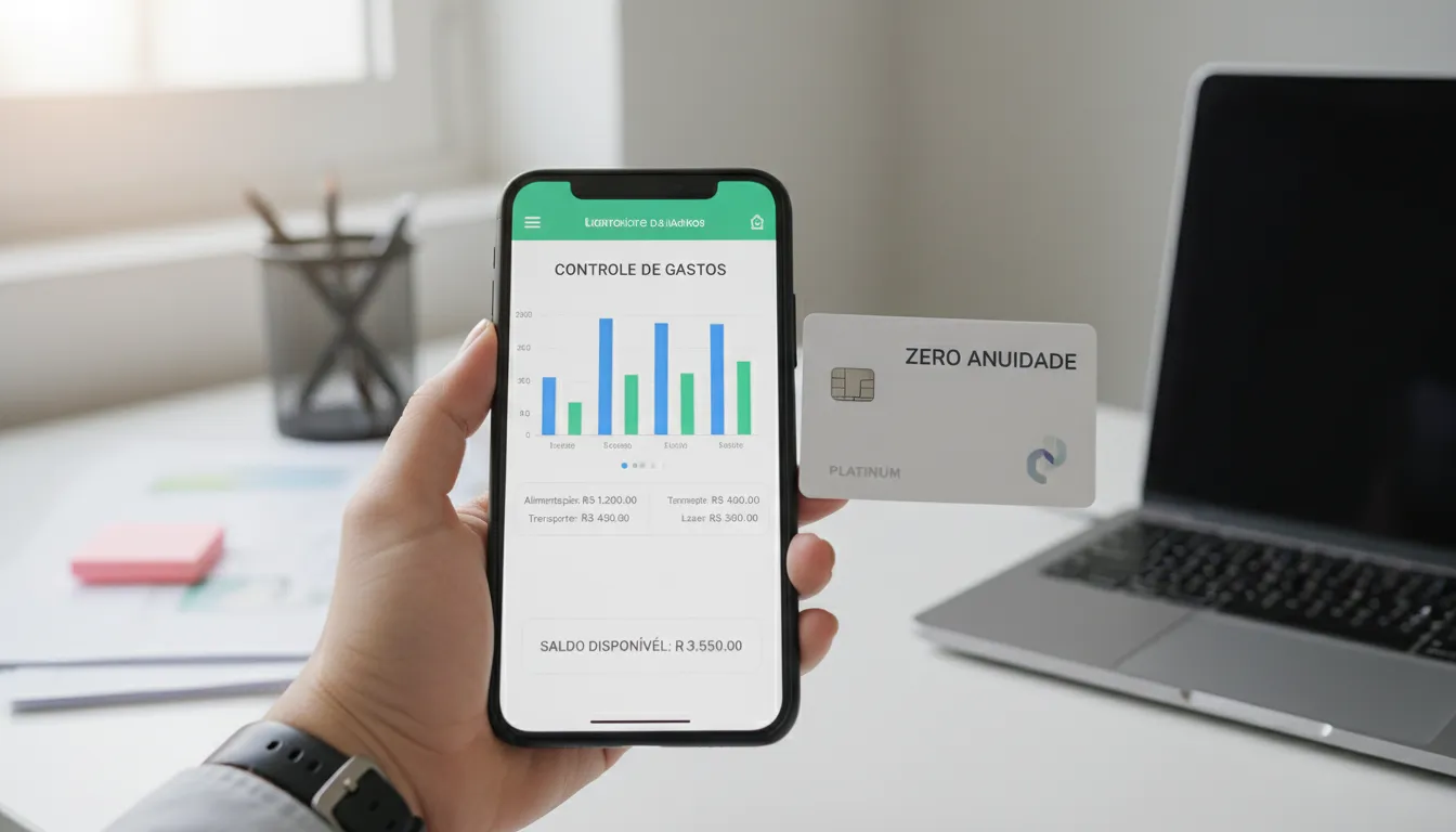 Pessoa usando app financeiro para controlar gastos do cartão de crédito sem anuidade.