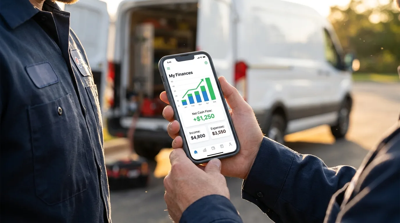 Celular mostrando exemplo de dashboard financeiro para controle de fluxo de caixa em servicos de campo.
