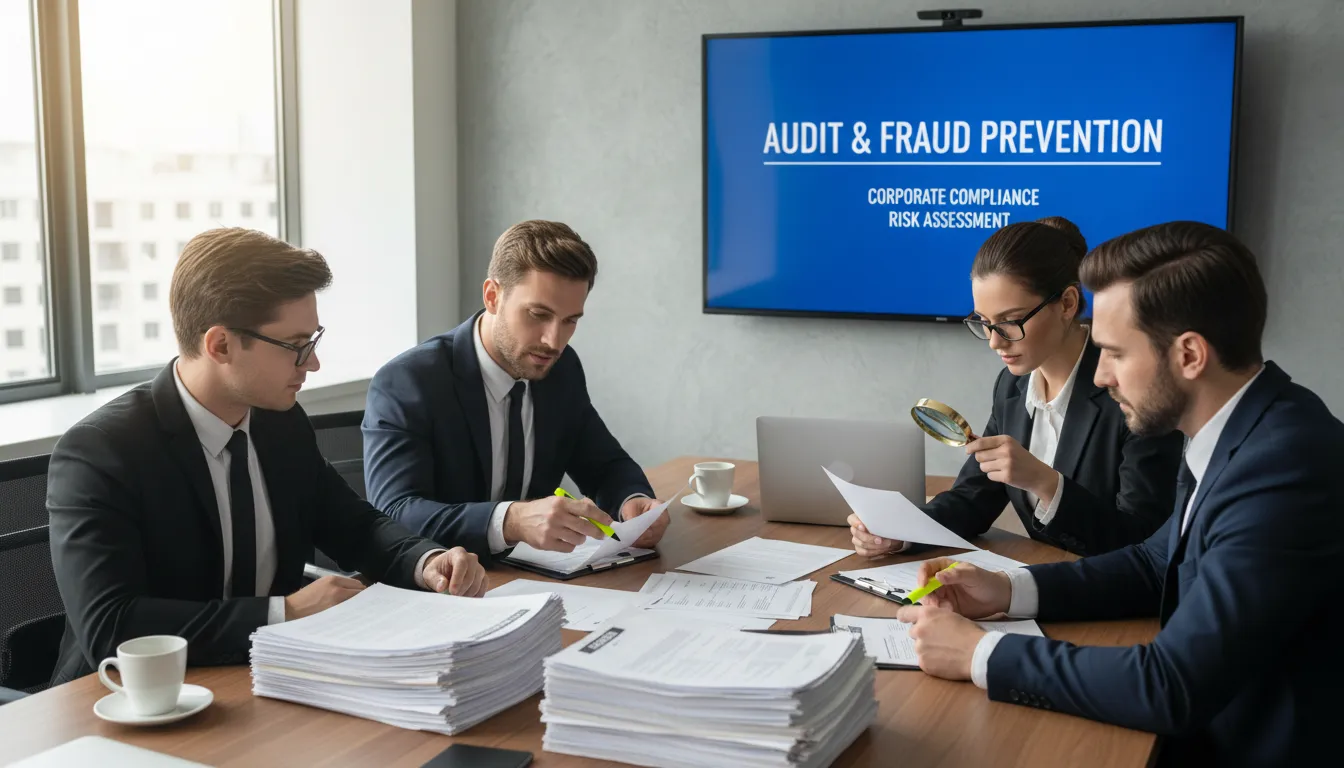 Equipe jurídica revisando contratos para prevenir fraudes e falsidade ideológica em empresa.