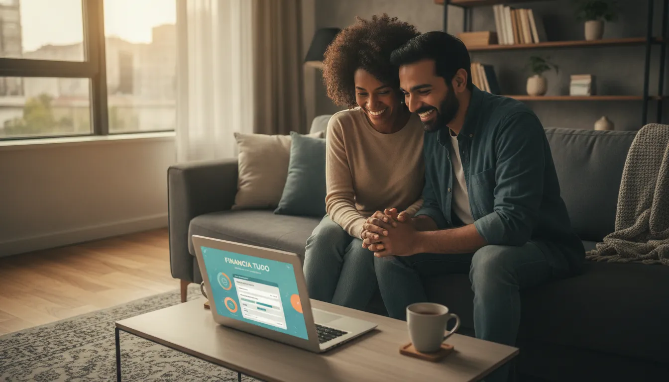 Casal sorridente planeja futuro financeiro em casa, usando Financia Tudo para avaliação anual.