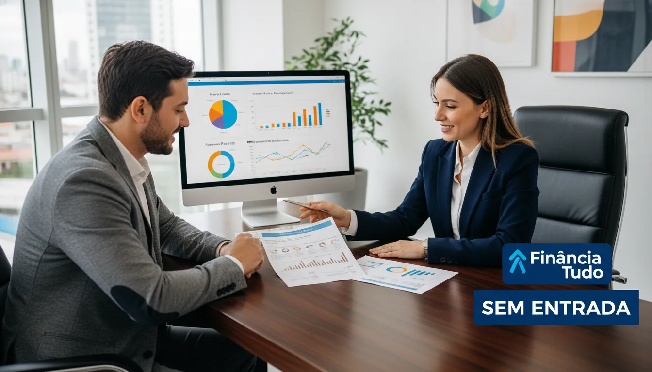 Consultor financeiro explicando as opções de financiamento, enfatizando as vantagens do financiamento de veículo sem entrada oferecido pela Financia Tudo.