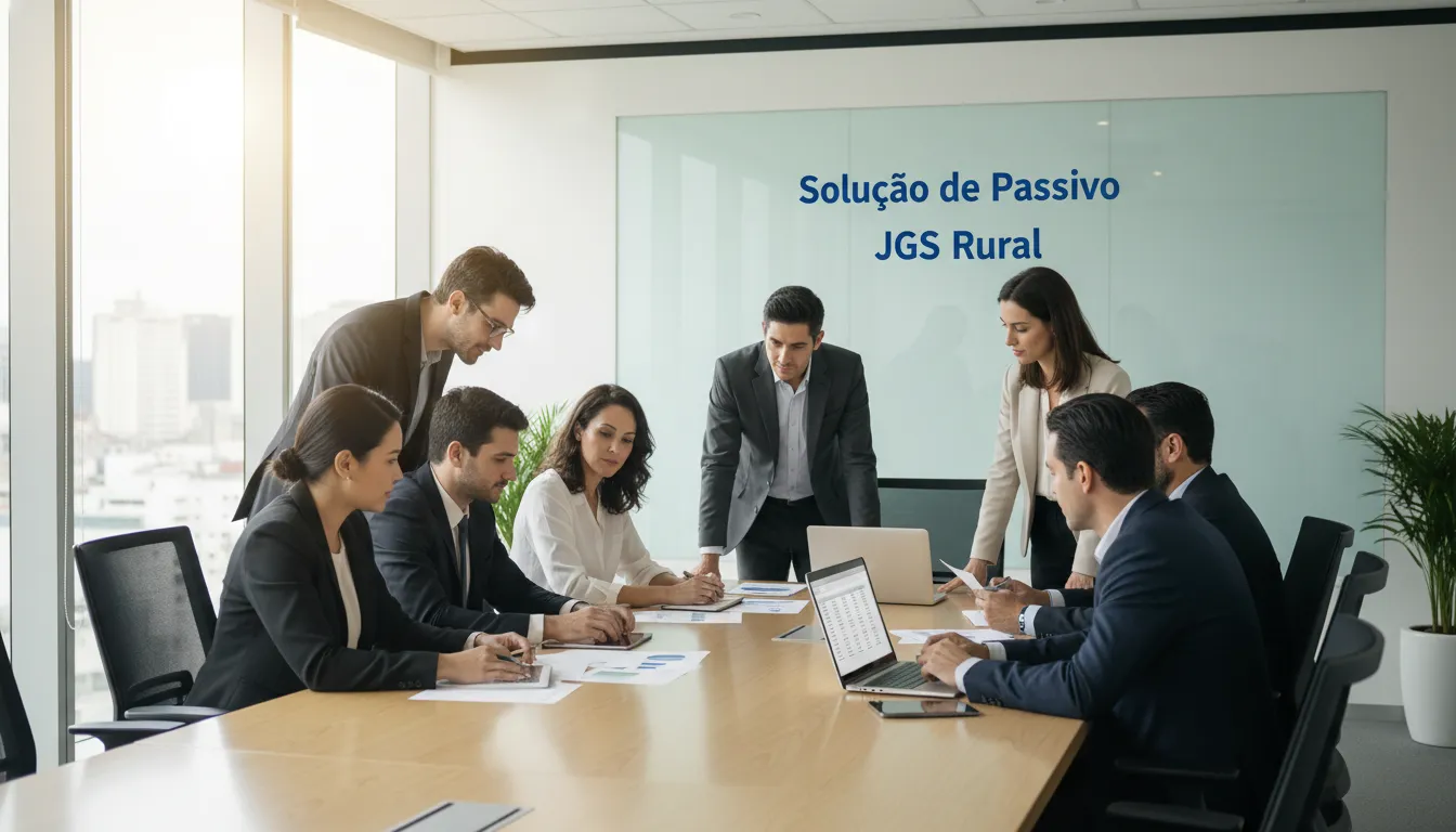 Profissionais discutem estratégias de solução de passivo em uma reunião, focando na renegociação de dívida rural e empresarial com a assessoria da JGS Advogados.