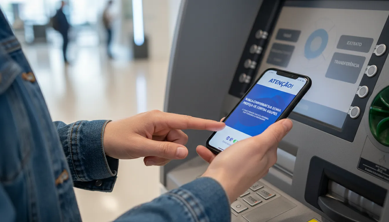 Pessoa verifica dicas de segurança no celular antes de usar um caixa eletrônico, reforçando prevenção contra fraudes.