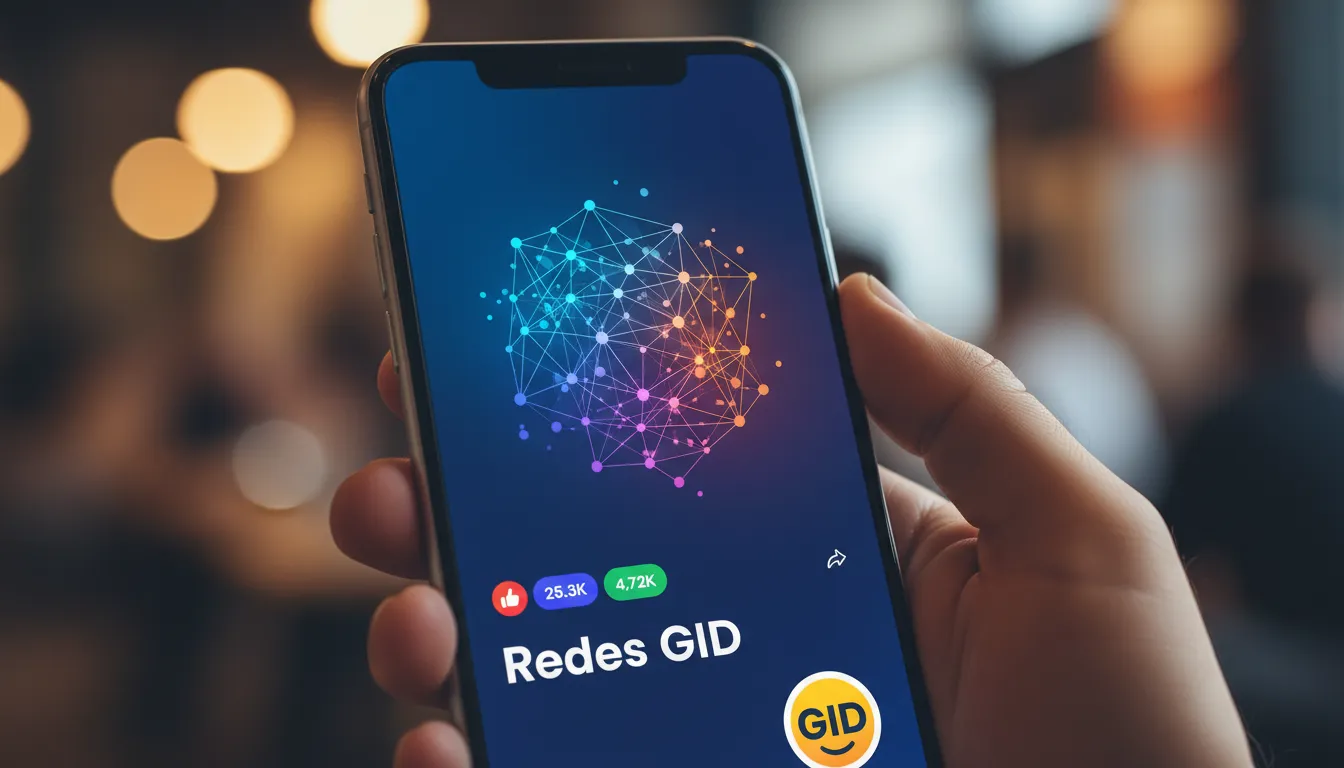 Anúncio vibrante em um smartphone mostrando métricas de tráfego pago redes sociais. A GID oferece soluções personalizadas em adesivos.