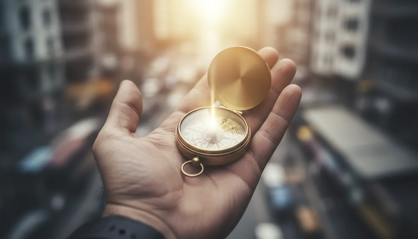Mão segurando uma bússola que aponta para a luz, simbolizando a busca pelo autoconhecimento e o verdadeiro propósito de vida.