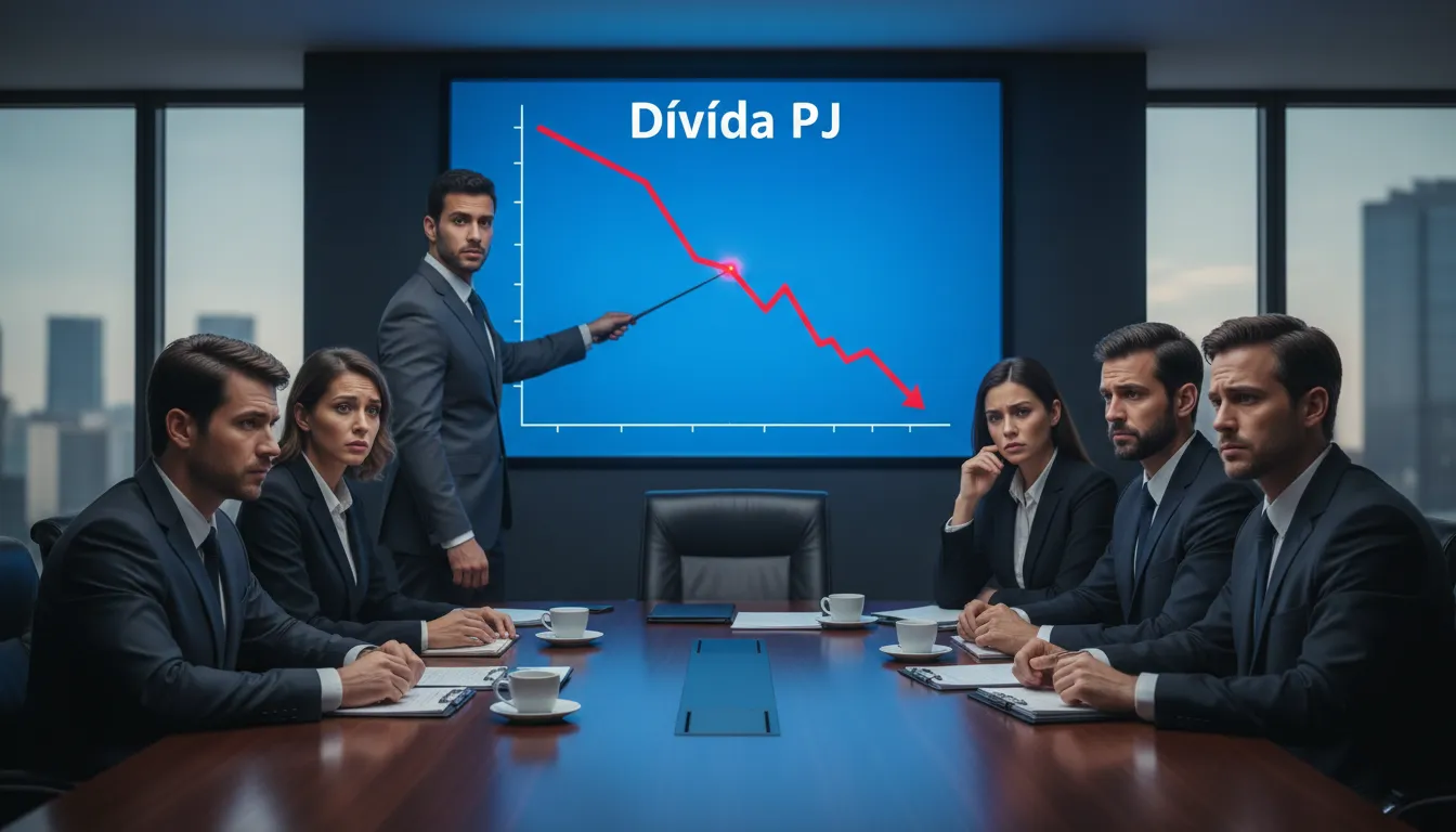 Reunião tensa sobre dívida empresarial em atraso, com advogados analisando um gráfico de declínio financeiro. Dívida PJ.