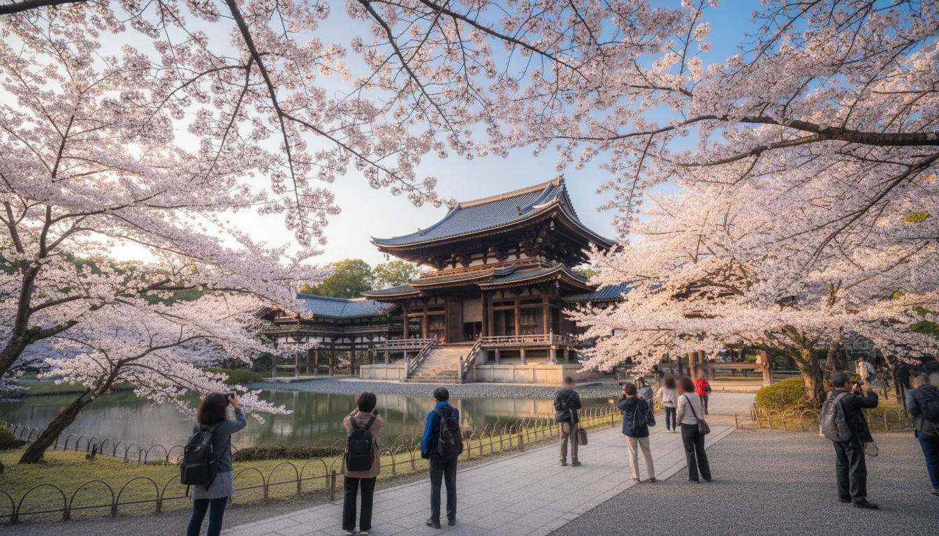 Templos antigos do Japão rodeados por cerejeiras em flor, mostrando a beleza cultural da primavera japonesa.