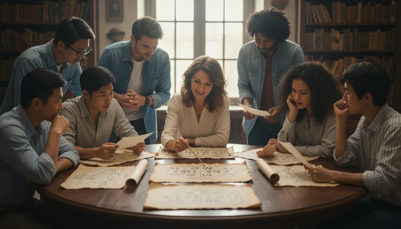 Grupo diversificado aprendendo sobre numerologia e como ela influencia o propósito de vida de cada um, em uma sessão interativa.