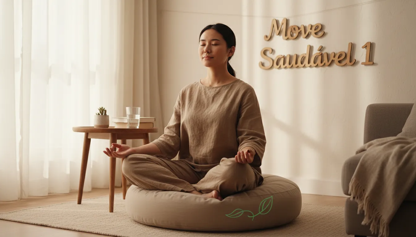 Pessoa praticando meditação e hidratação, hábitos cruciais para ter uma barriga mais saudável e bem-estar geral.