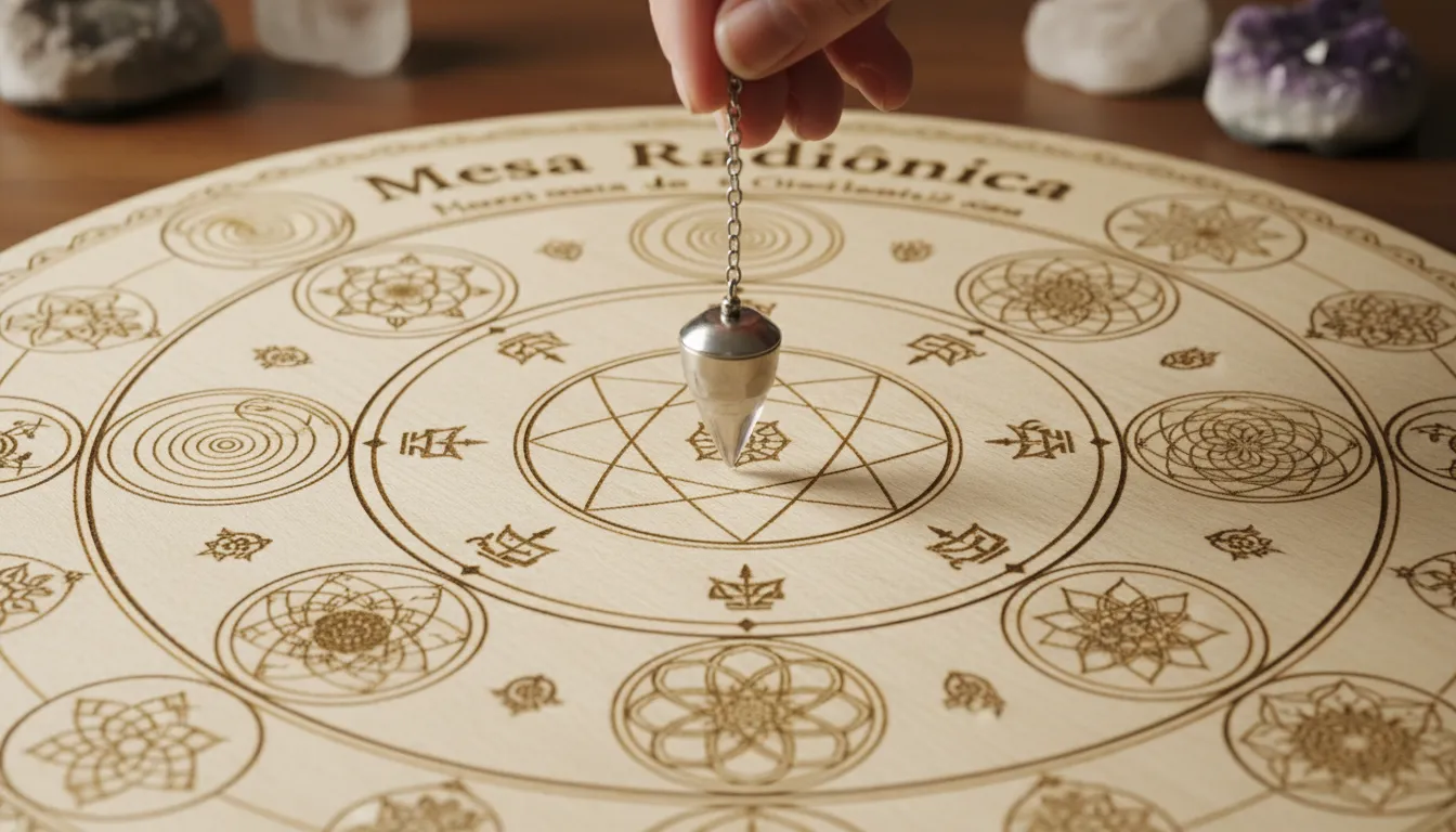Detalhe da mesa radiônica com símbolos complexos e pêndulo sendo guiado por uma mão, enfatizando a precisão da técnica.