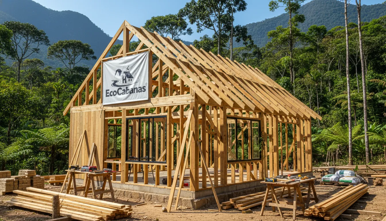 Construção de cabana escandinava, mostrando estrutura de madeira e materiais sustentáveis em paisagem natural.