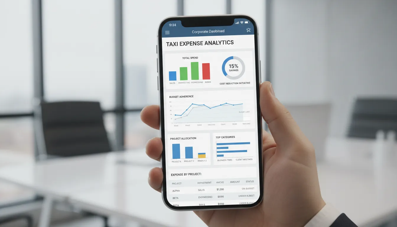 Interface de app mostrando detalhamento de despesas com Taxi Corporativo para Sua Empresa, com gráficos de otimização.