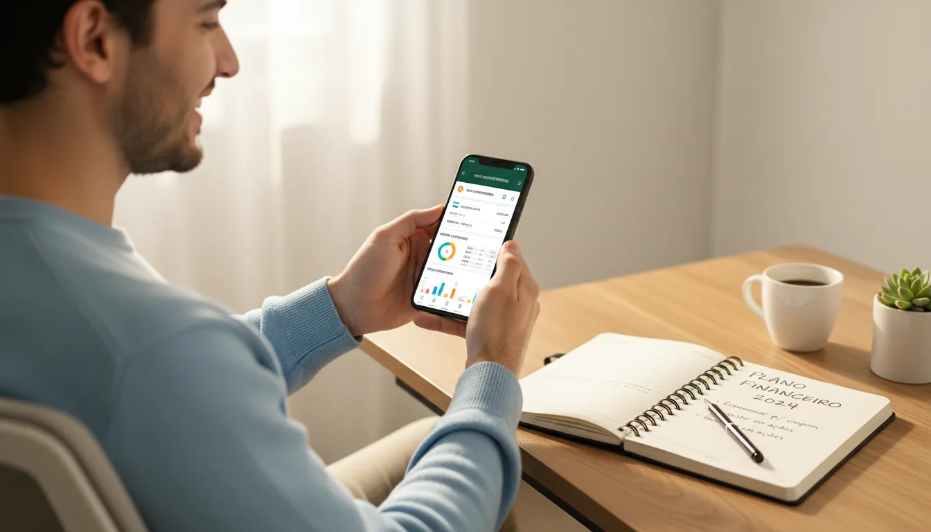Pessoa usando aplicativo de finanças no celular para planejar orçamento anual