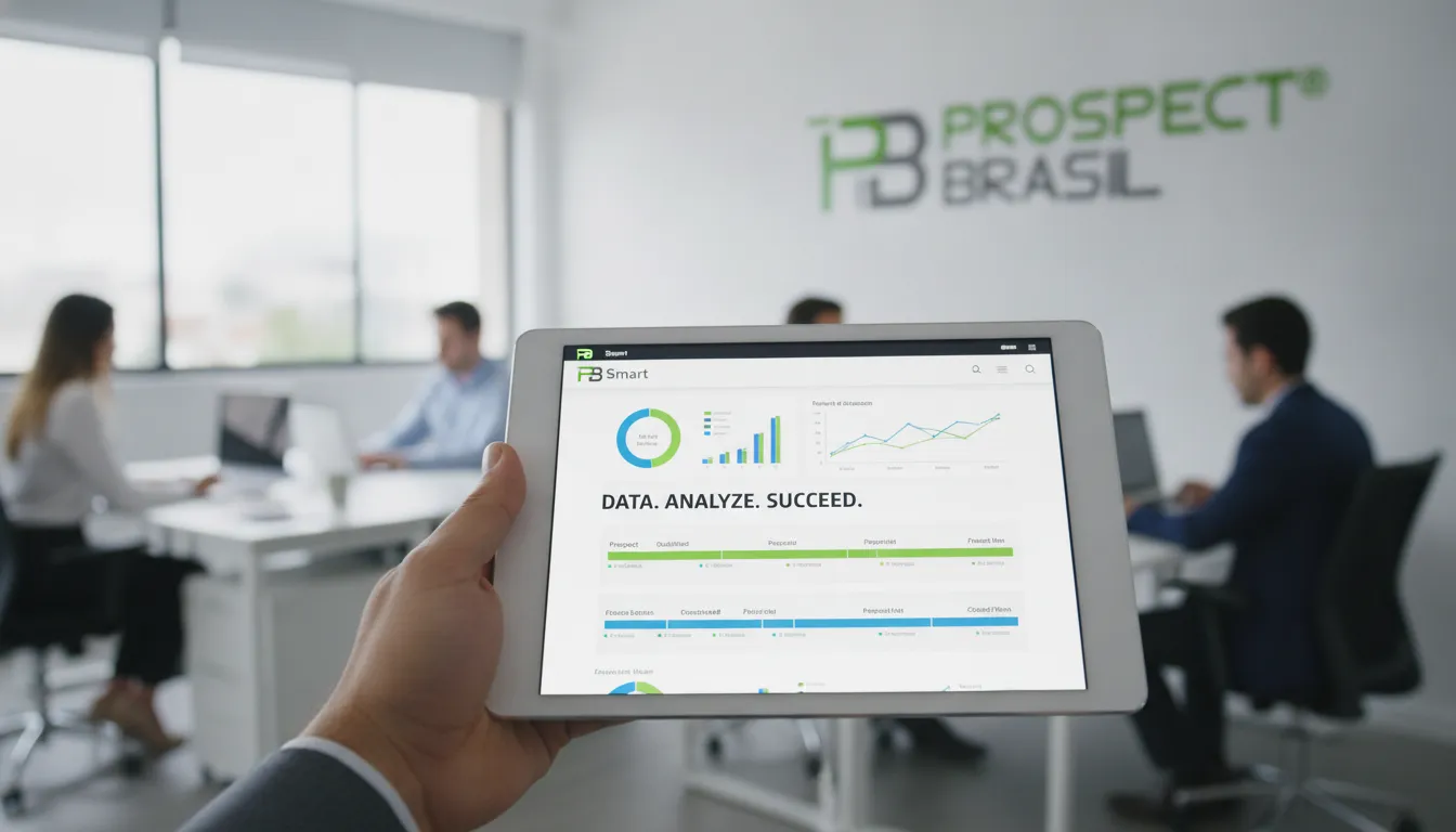 Mão segurando tablet com plataforma de inteligência comercial, exibindo dados cruciais para empresa B2B e vendas.