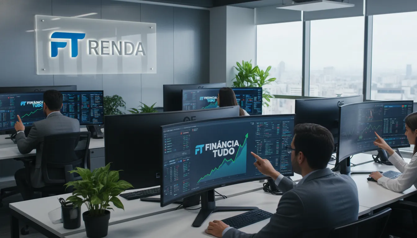 Analistas financeiros em um escritório moderno estudando dados de renda fixa em telas, com o logo da Financia Tudo em destaque.
