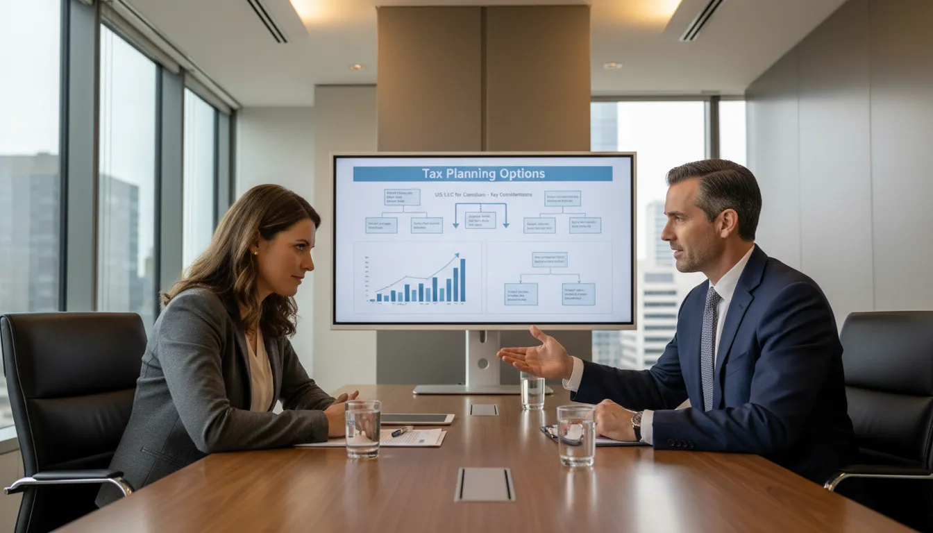 Expert consultant explaining US LLC for Canadians tax strategies to a Canadian business owner for clarity.
