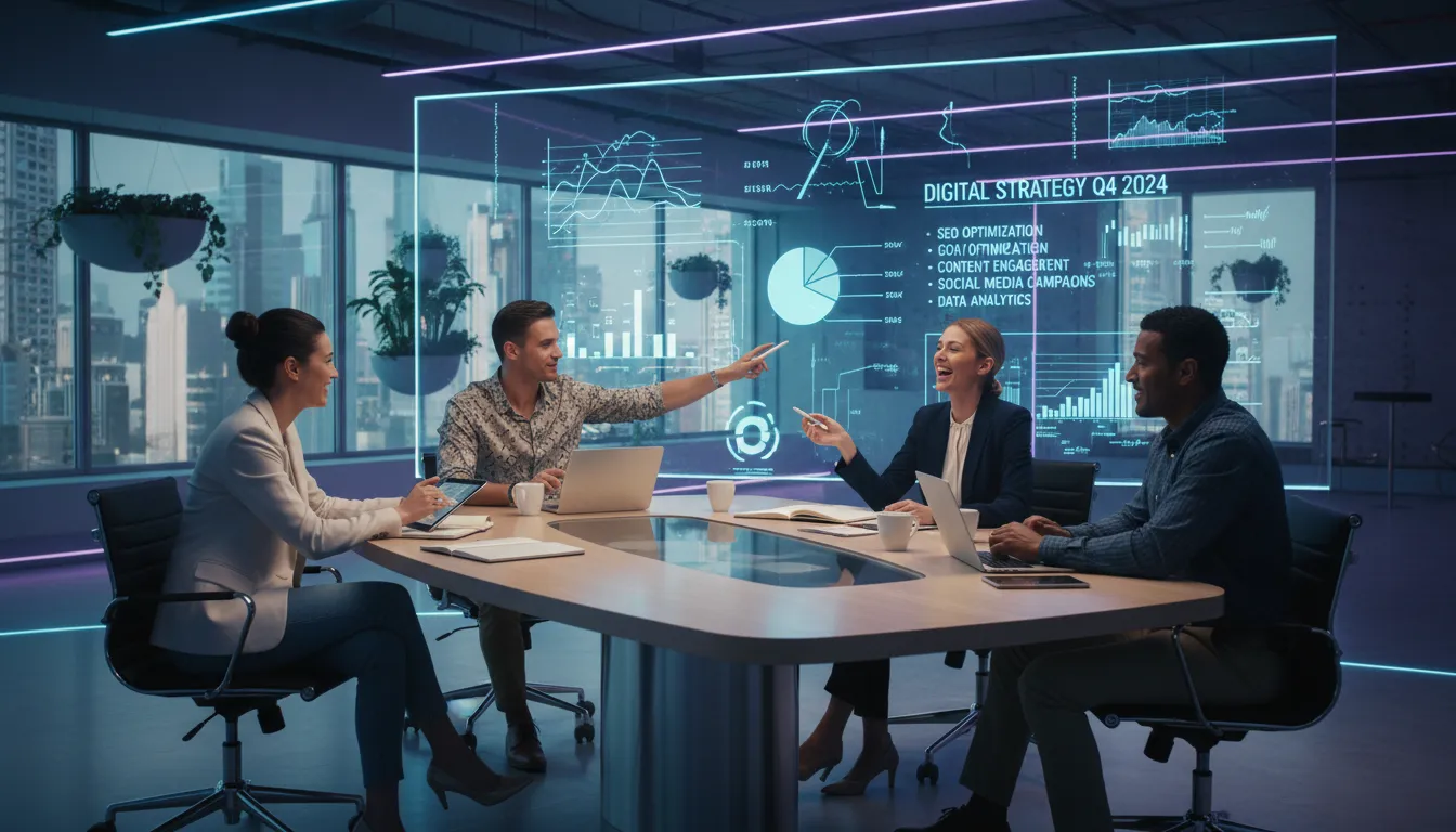 Site para Pequena Empresa: Como Não Gastar Anuidade Cara 2 Equipe de pequena empresa reunida discutindo estratégias digitais e alternativas econômicas para sites.