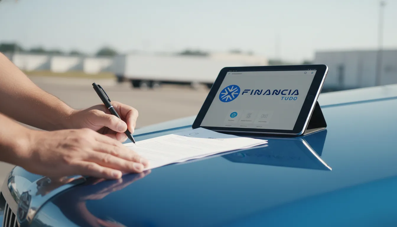 Mãos assinando contrato de financiamento de caminhão em cima do capô de um caminhão, representando um acordo transparente e acessível.