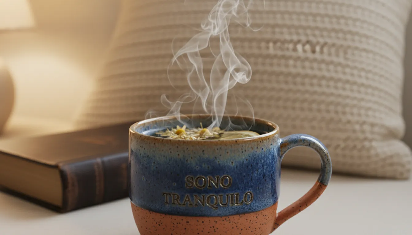 Chá quente à noite ao lado de livro e travesseiro, simbolizando saúde e ritual do sono.