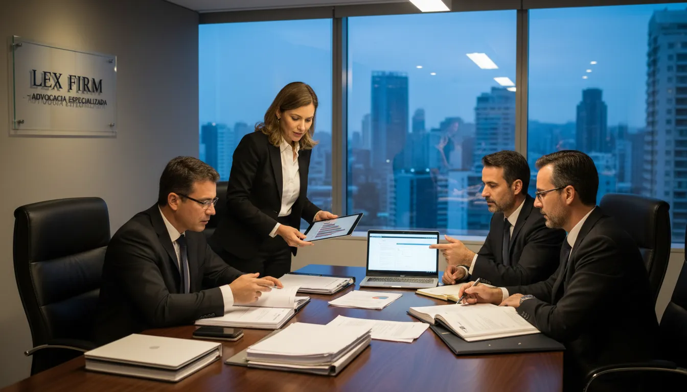 Equipe de advogados discutindo estratégias de casos trabalhistas em um escritório sofisticado