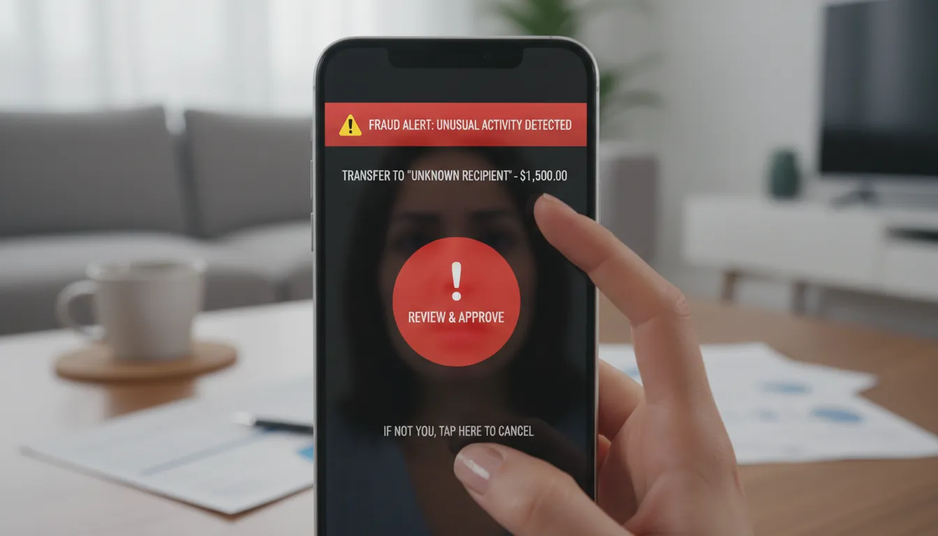 Celular recebendo notificação suspeita de aplicativo bancário, destacando sinais de alerta