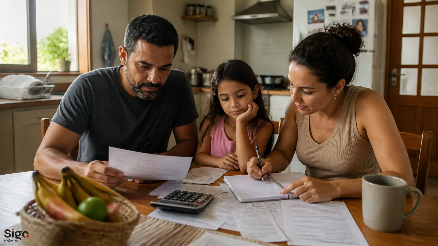 Familia reunida planejando o orcamento mensal com economia da tarifa social de energia eletrica.