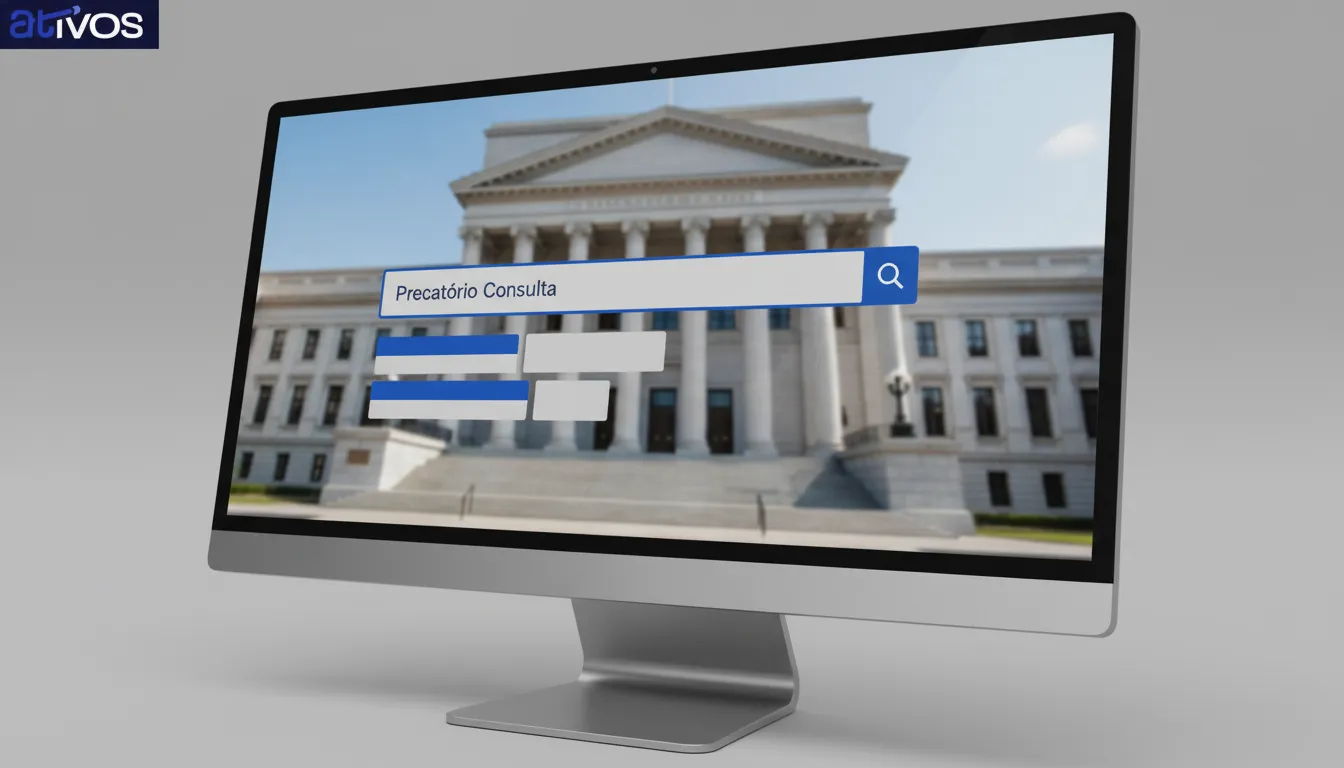 Tela de computador mostrando busca online de precatórios consulta, com fundo de tribunal.