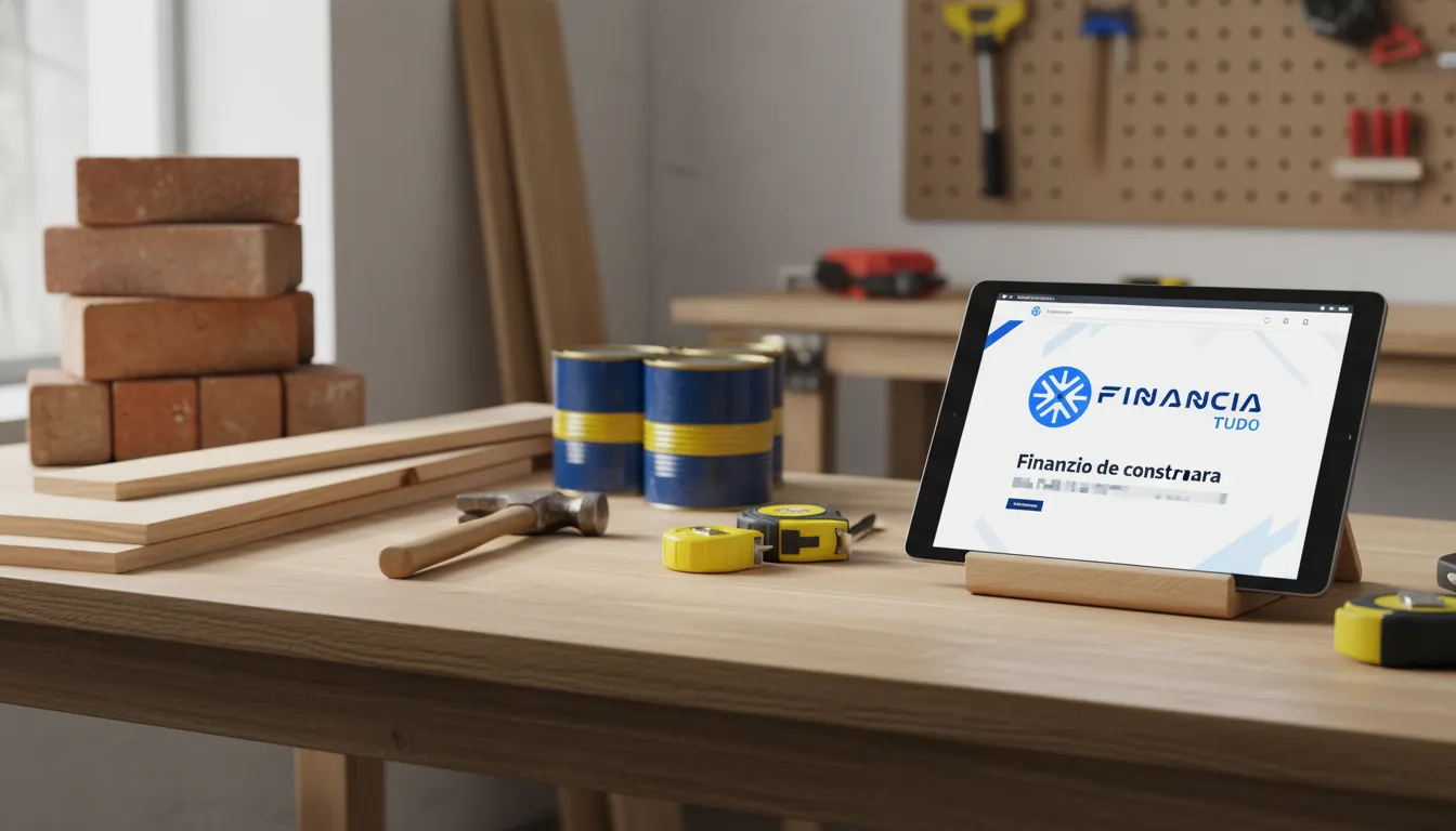 Variedade de materiais de construção e tablet exibindo opções de crédito para término de obra no site da Financia Tudo.