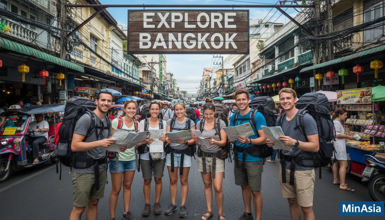 Turistas explorando a khao san road, com mochilas e mapas, capturando a atmosfera animada e turística do local.