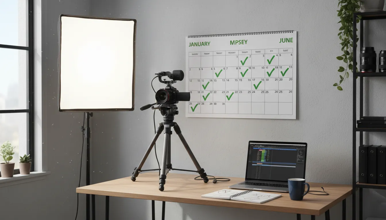 Calendário de produção de vídeos para YouTube com publicações consistentes e equipamento profissional de gravação.