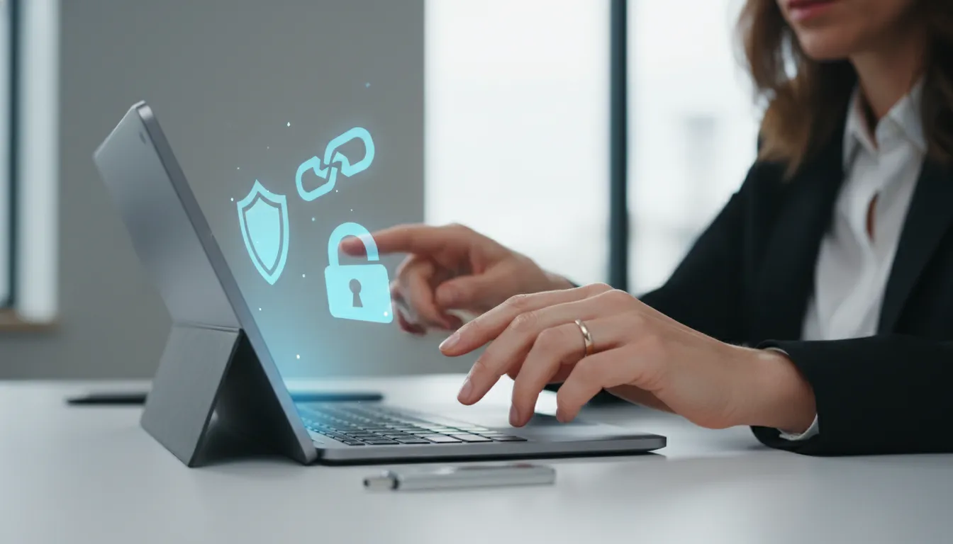 Mãos de profissional protegendo certificado digital, com ícones de segurança digital em tela.