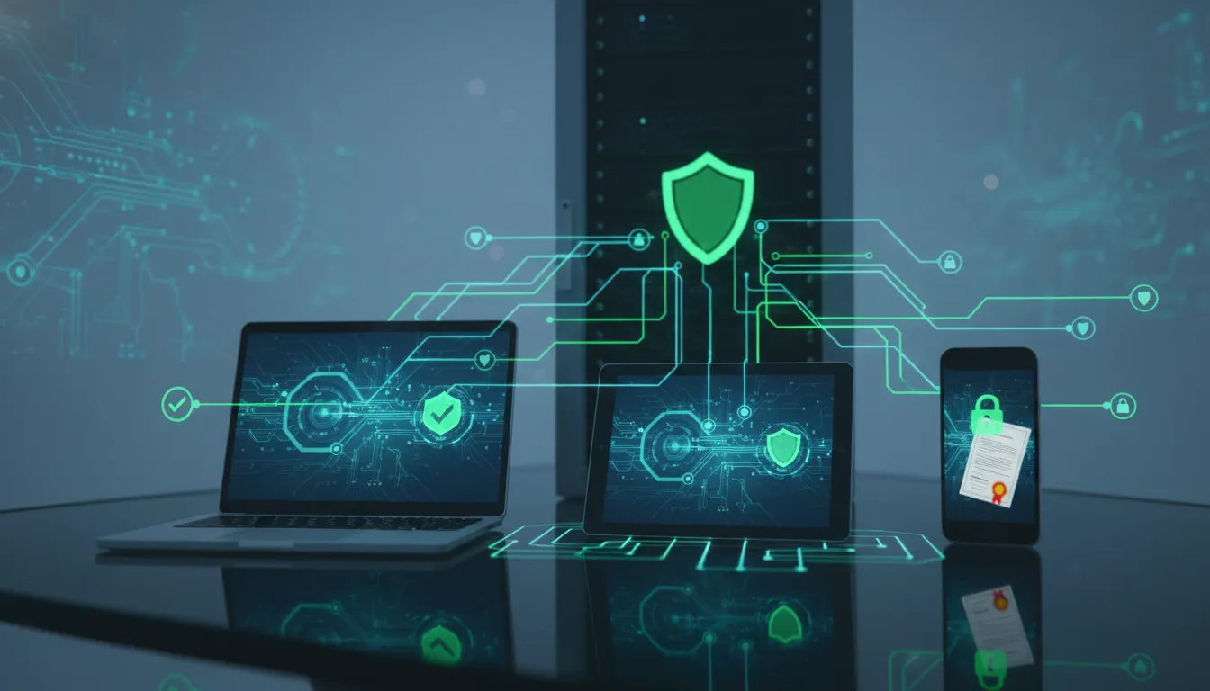 Rede segura de dados com backup de certificado digital acessível em múltiplos dispositivos, garantindo controle e rastreabilidade.
