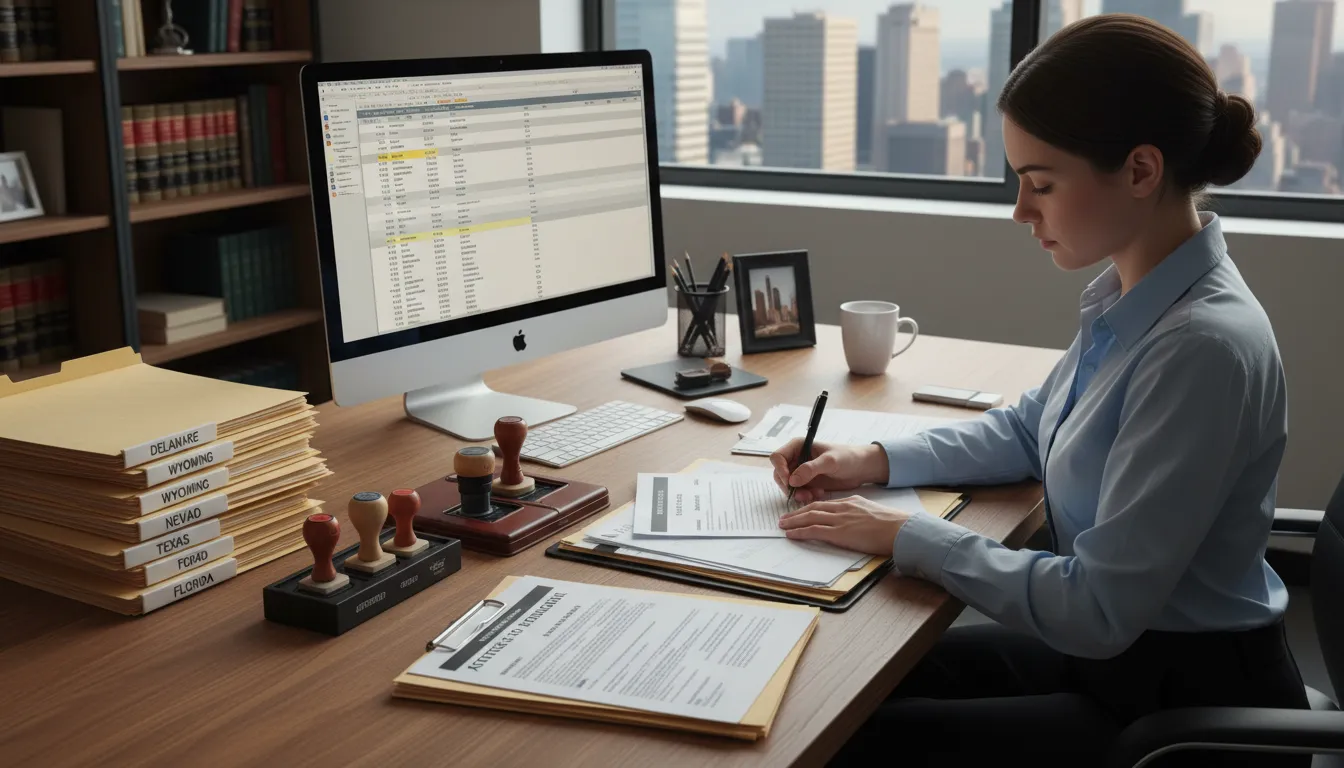 Secretária preenche formulários legais em mesa organizada com documentos para abrir empresa nos EUA
