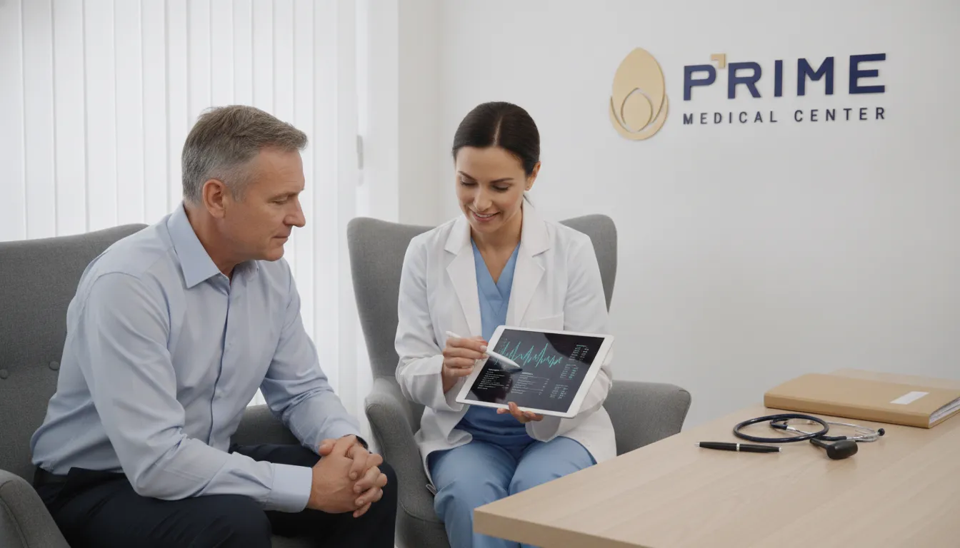 Médica explica resultados de exames de sangue para saúde sexual masculina a paciente em consulta, ambiente Prime Medical.