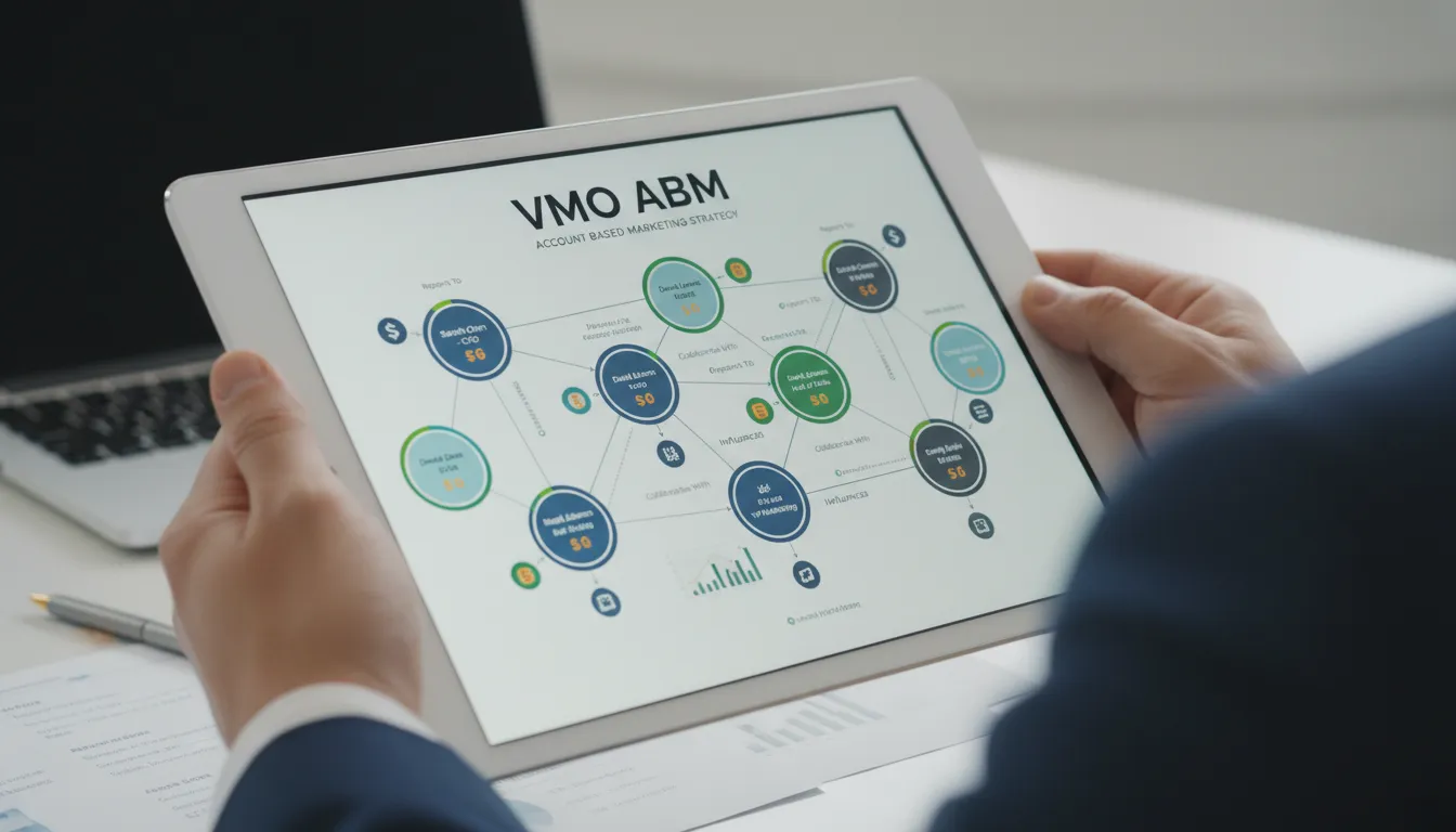 Detalhe de um mapa de decisores em um tablet, ilustrando a estratégia ABM e a identificação de contas-alvo pela Vender Mais Online, com personalização e outbound B2B.